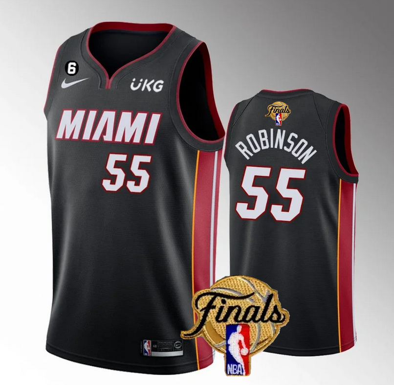 Men's Miami Heat #55 Duncan Robinson Black 2023 Finals Icon Edition With NO.6 Patch Stitched Basketball Jersey Men's Miami Heat #55 Duncan Robinson Black 2023 Finals Icon Edition With NO.6 Patch Stitched Basketball Jersey